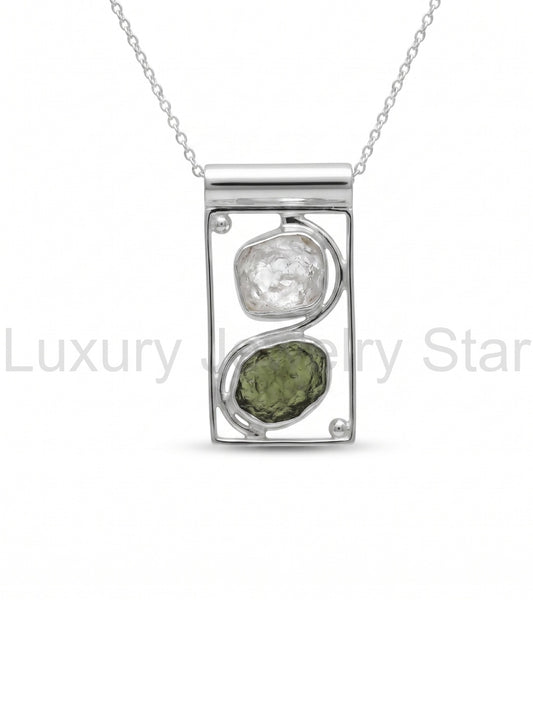 Raw Moldavite Pendant, 925 Sterling Silver, Herkimer Diamond Jewelry, Natural Gemstone Jewelry