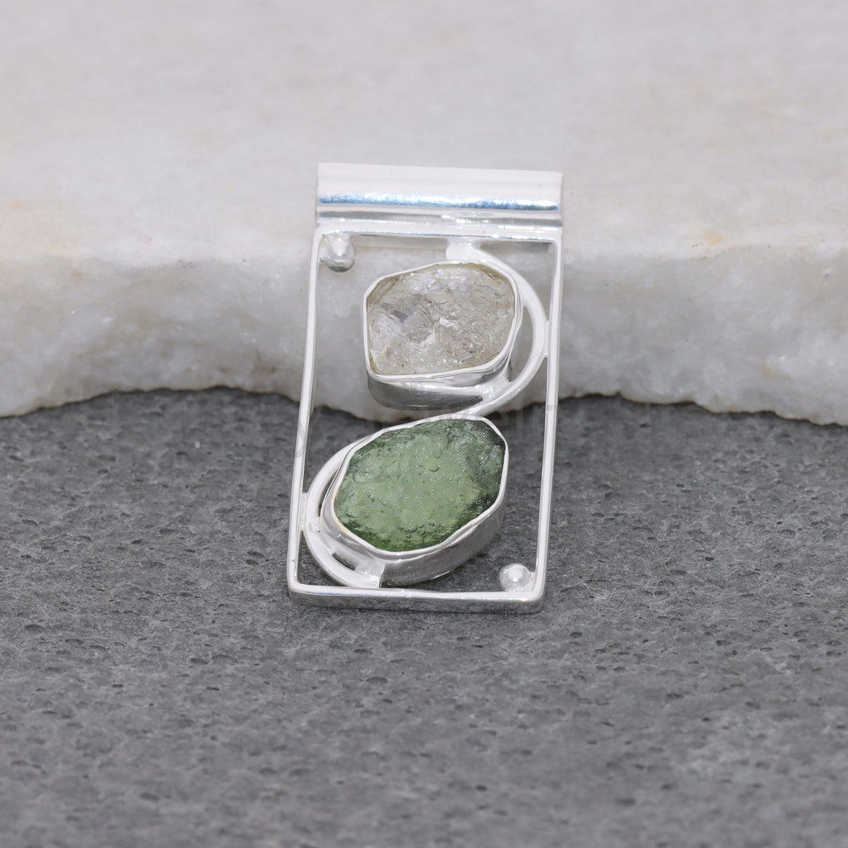 Raw Moldavite Pendant, 925 Sterling Silver, Herkimer Diamond Jewelry, Natural Gemstone - image 3