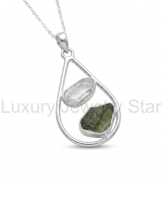 Raw Moldavite Pendant, Herkimer Diamond Jewelry, Natural Gemstone Jewelry, 925 Sterling - image 2