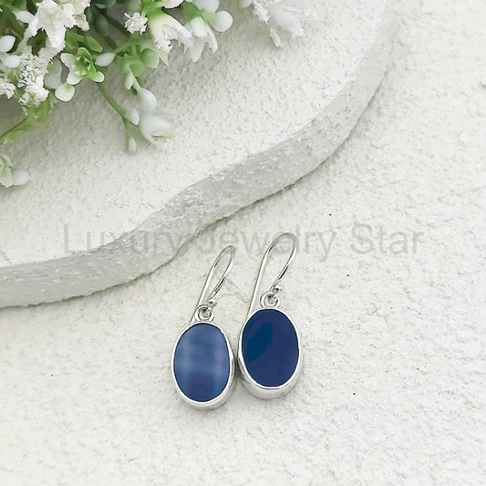 Blue Agate Earrings | 15mm Oval | Gemini Gemstone Gift | Sterling Silver