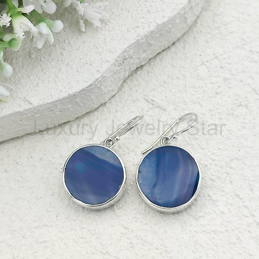Blue Agate Earrings | Circular | Gemini Gemstone Gift | Sterling Silver
