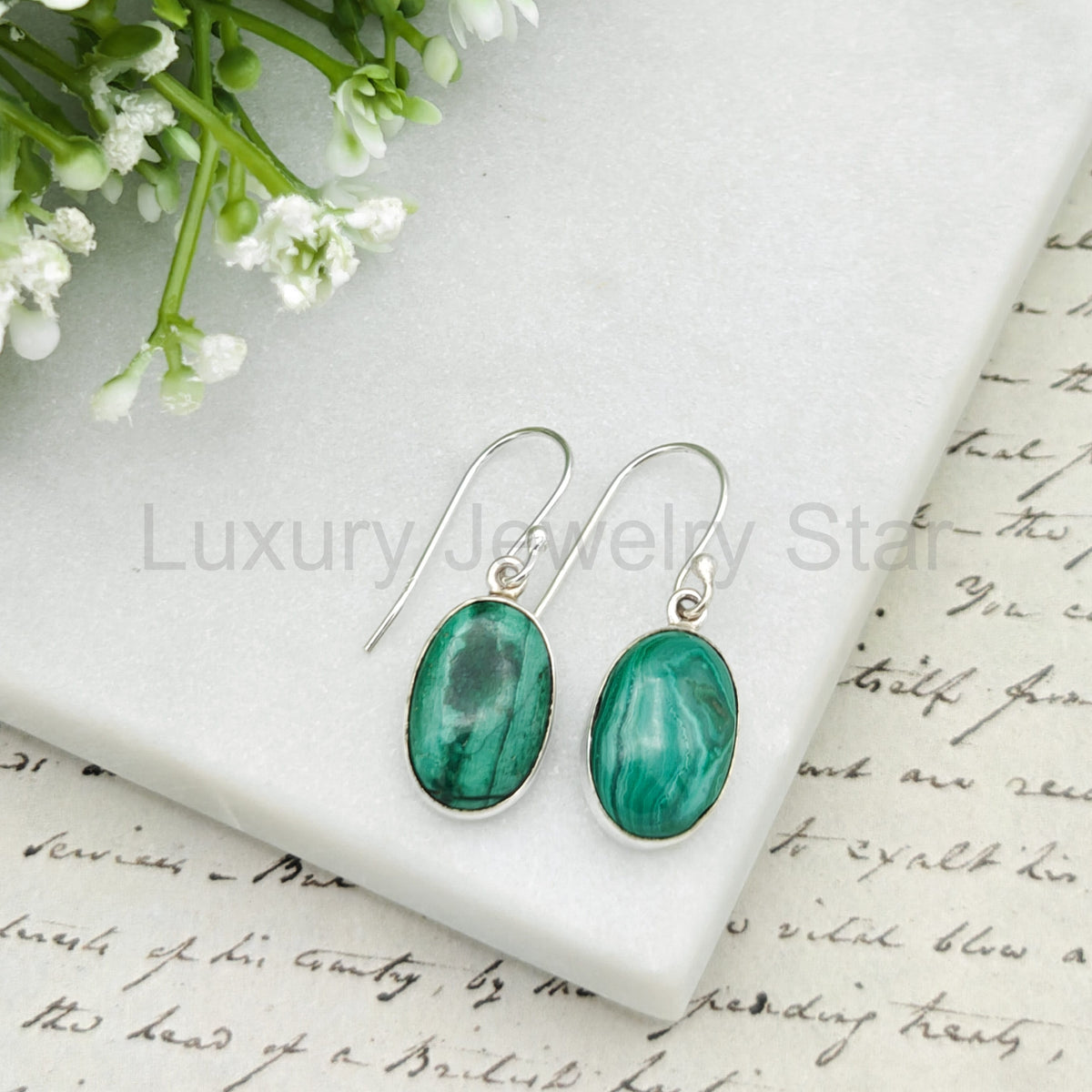 Malachite Earrings in Sterling Silver | 15mm length | Taurus Birthstone