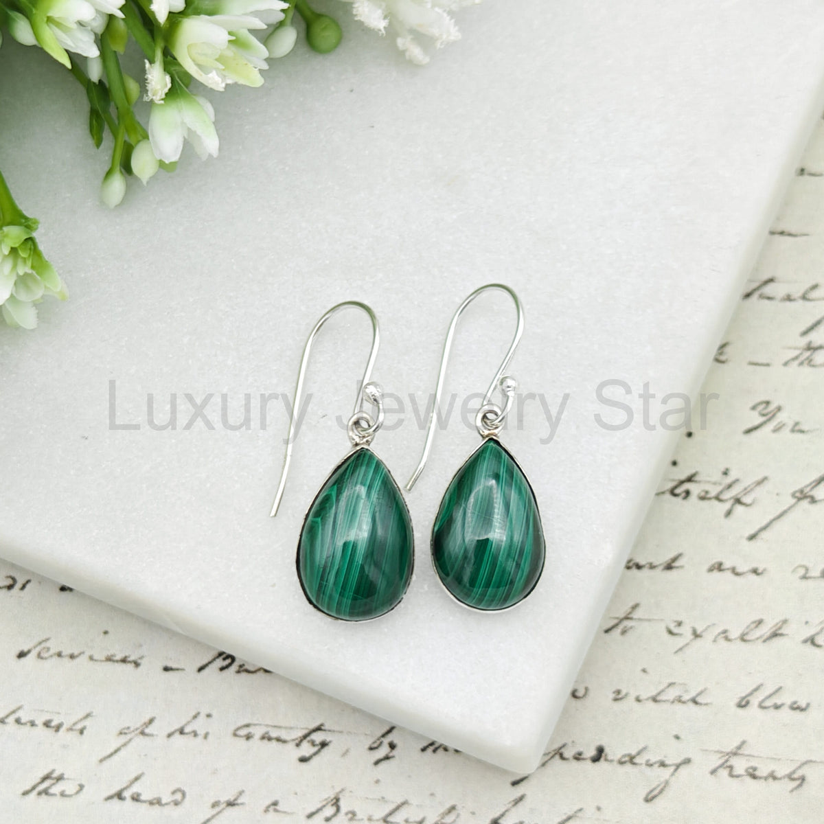 Malachite Earrings in Sterling Silver | 15mm length | Taurus Birthstone - image 4
