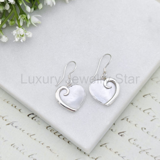 Mother of Pearl Hanging Heart Earrings in Sterling Silver | June Gift