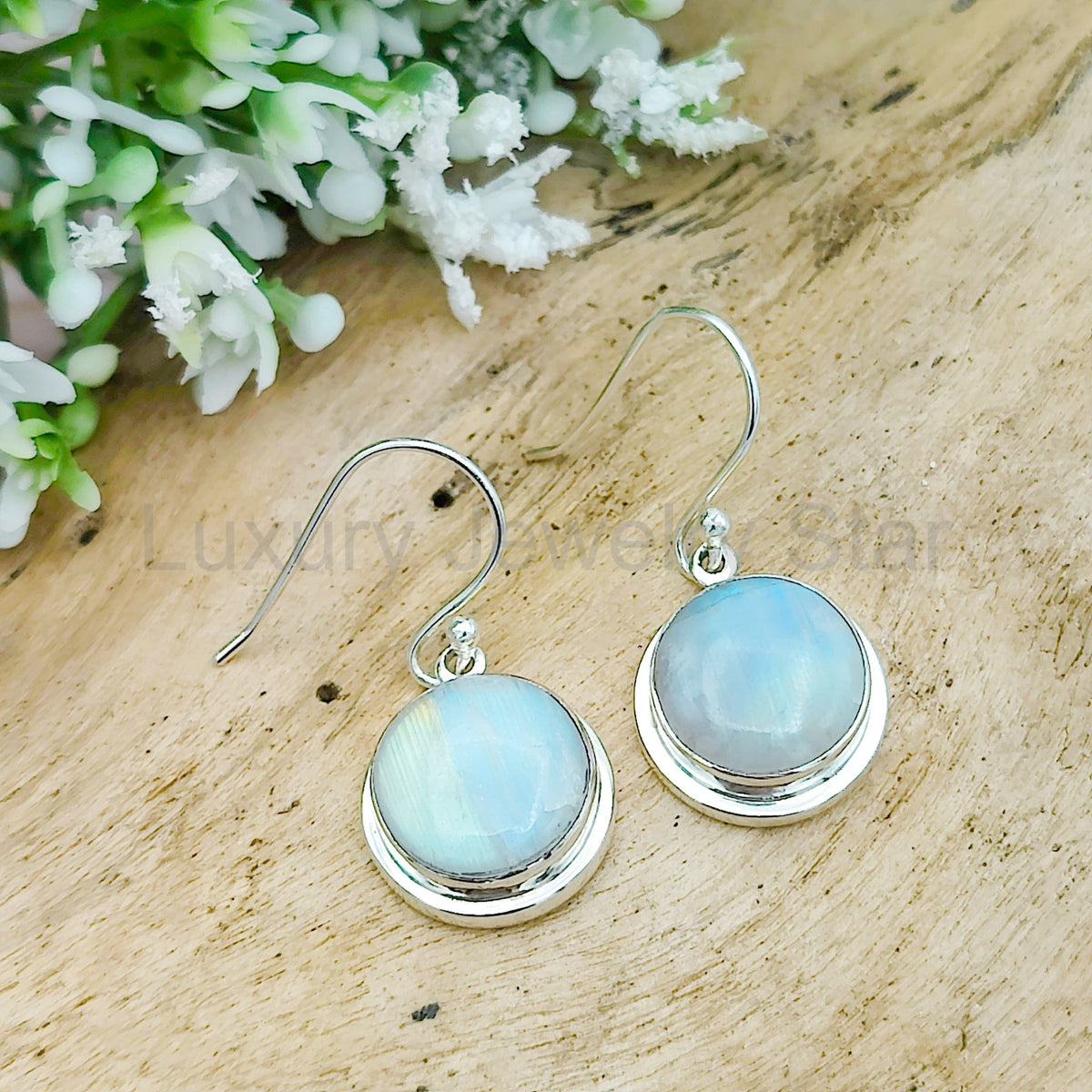 Rainbow Moonstone Earrings | 13mm Round | June Birthstone | Sterling Silver - image 3