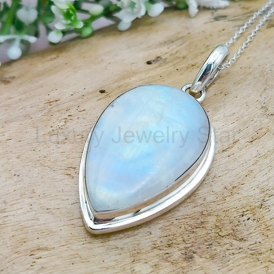 Rainbow Moonstone Pendant | 30mm Inverted Teardrop | Sterling silver