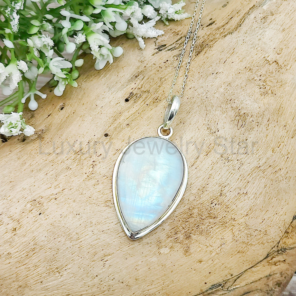 Rainbow Moonstone Pendant | 30mm Inverted Teardrop | Sterling silver - image 3