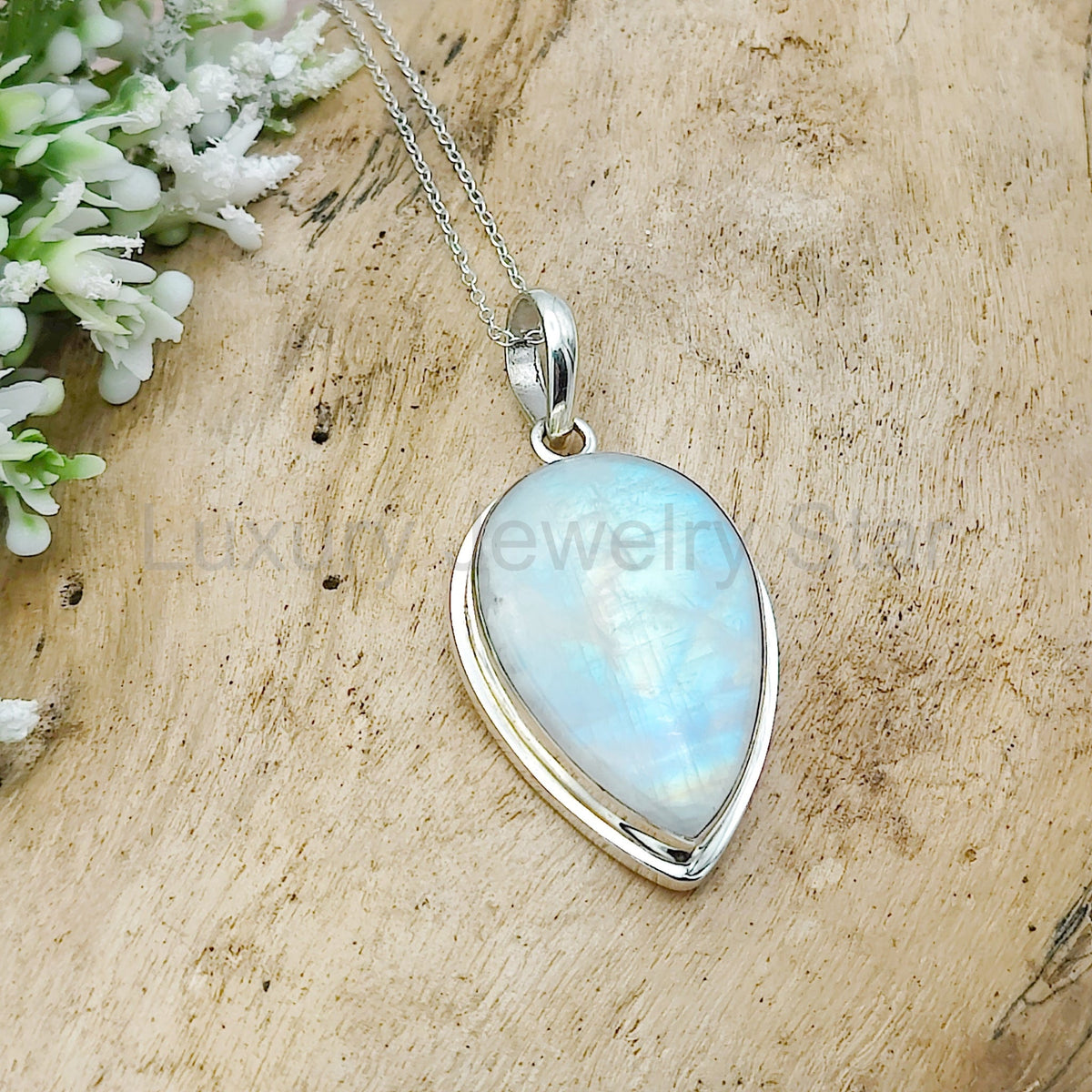 Rainbow Moonstone Pendant | 30mm Inverted Teardrop | Sterling silver - image 4