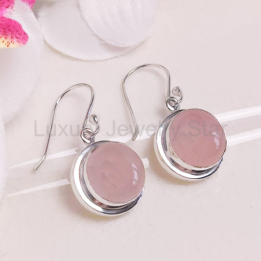 Rose Quartz Earrings | 15mm Circular | 5th Anniversary | Sterling Silver