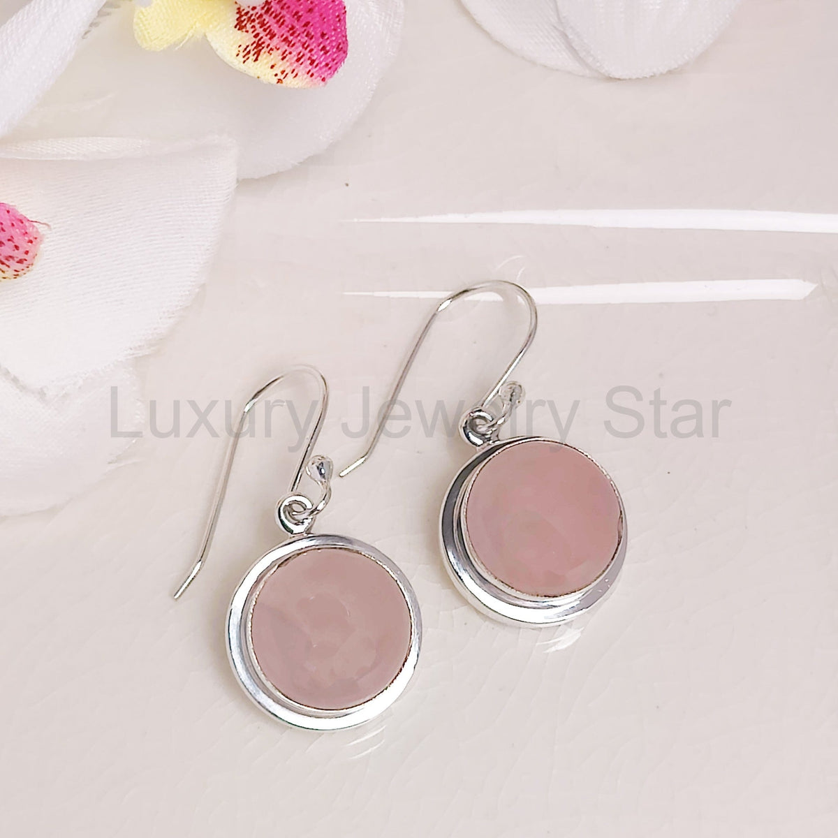 Rose Quartz Earrings | 15mm Circular | 5th Anniversary | Sterling Silver - image 4