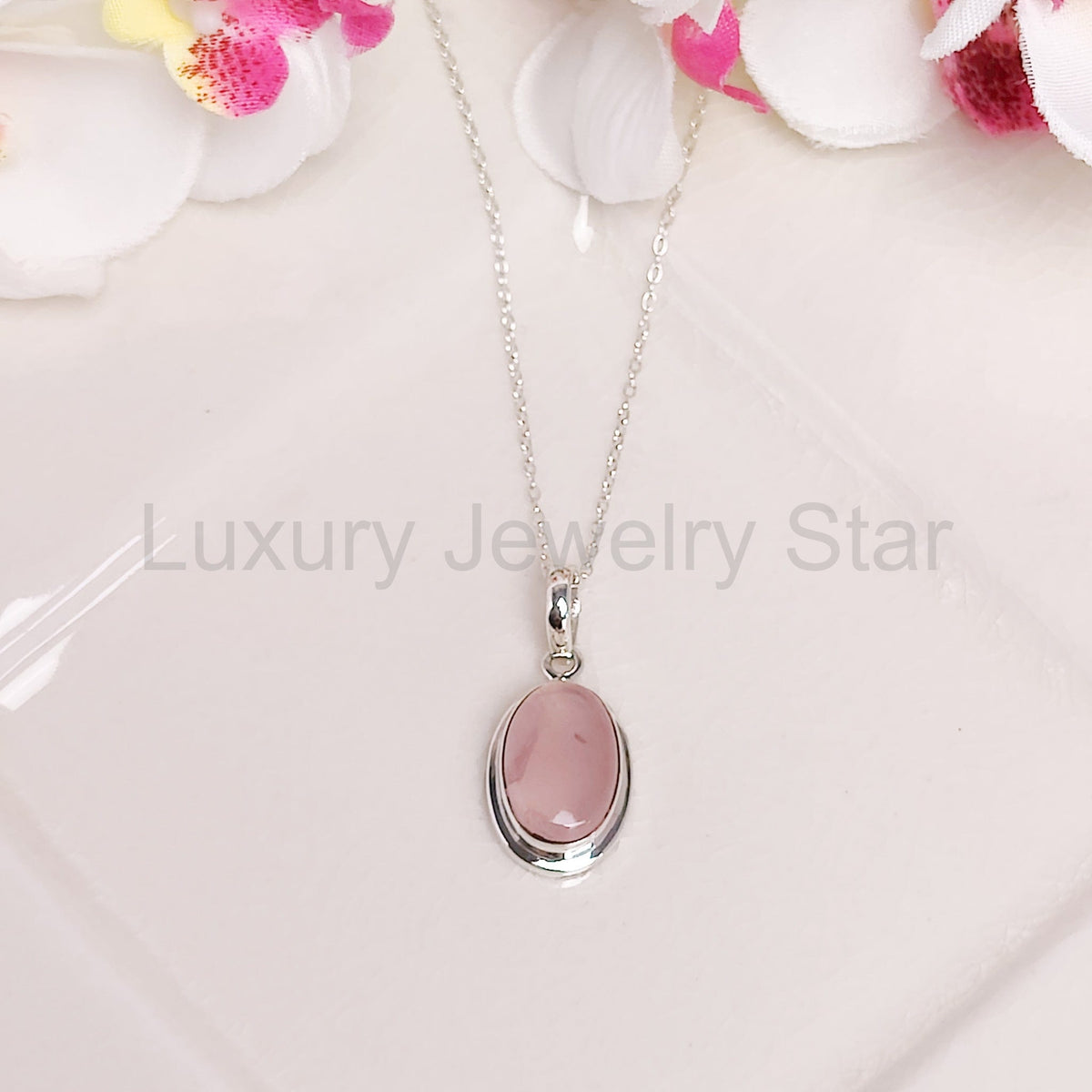 Rose Quartz Pendant | 15mm Oval | January Gift | Sterling Silver
