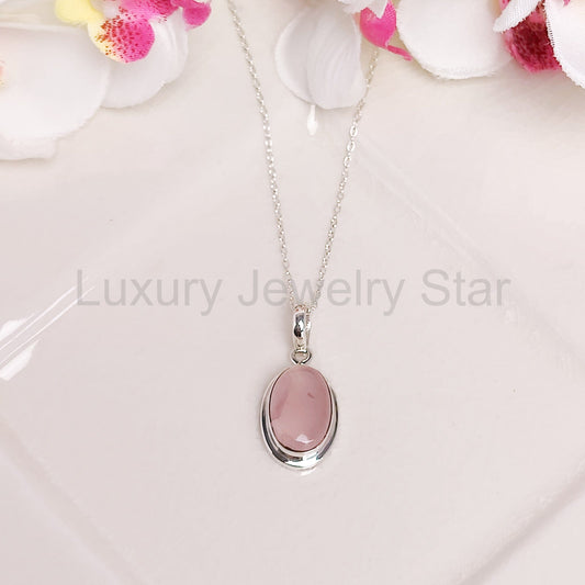 Rose Quartz Pendant | 15mm Oval | January Gift | Sterling Silver