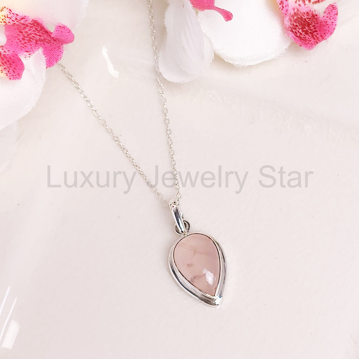 Rose Quartz Pendant | 15mm Teardrop | January Gift | Sterling Silver