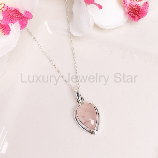 Rose Quartz Pendant | 15mm Teardrop | January Gift | Sterling Silver