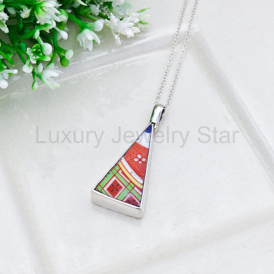 Upcycled Japanese Imari Pendant | 35mm Triangle | 18th wedding gift | Sterling Silver