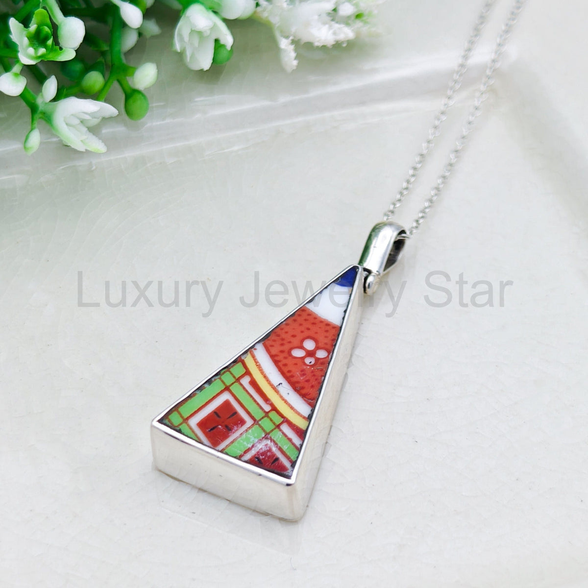 Upcycled Japanese Imari Pendant | 35mm Triangle | 18th wedding gift | Sterling Silver - image 3