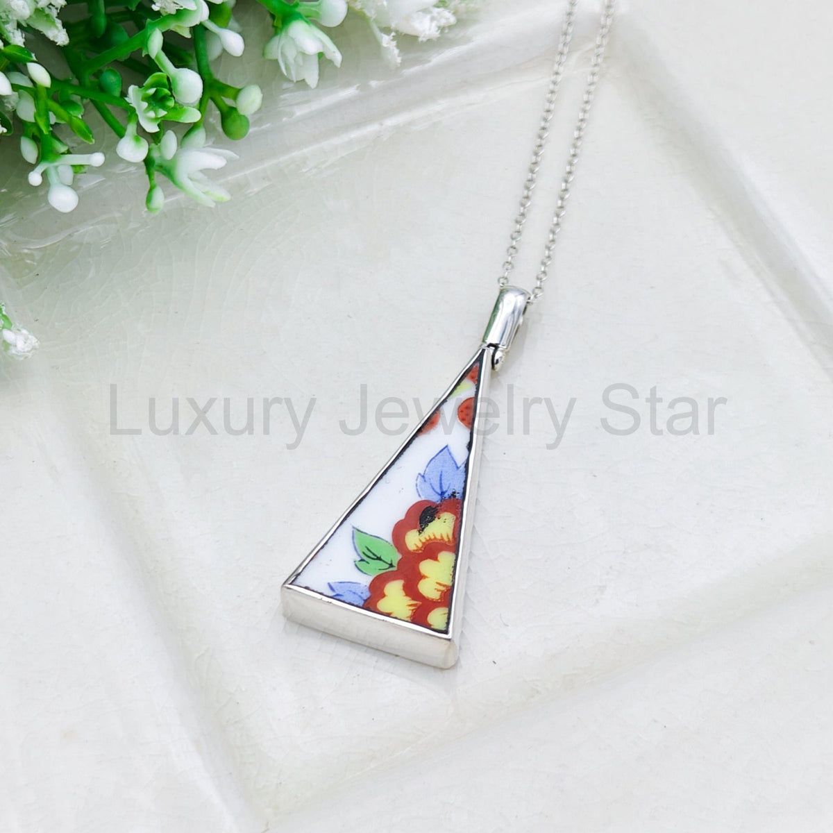 Upcycled Japanese Imari Pendant | 35mm Triangle | 18th wedding gift | Sterling Silver - image 8
