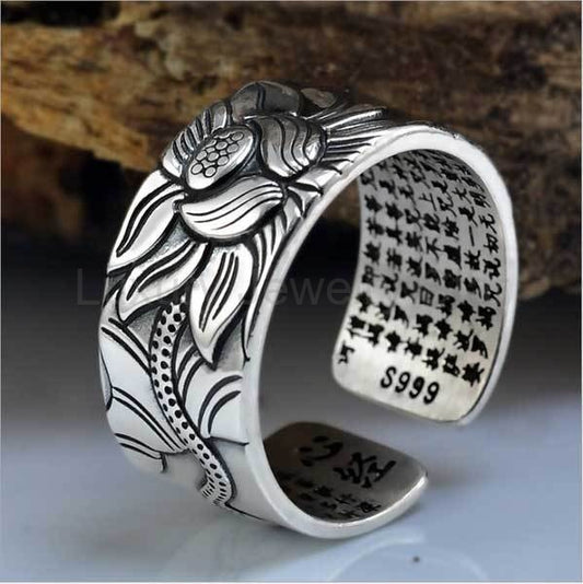 Buddhist Ring with Lotus and Heart Sutra
