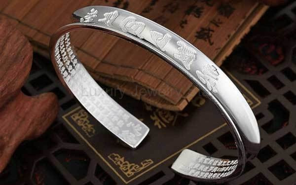 Tibetan Mantra Cuff Bracelet with Heart Sutra - Silver - image 3