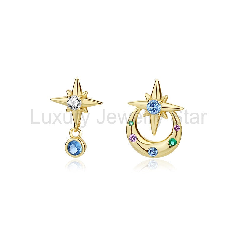 925 Sterling Silver Asymmetrical Eight-Pointed Star Earrings