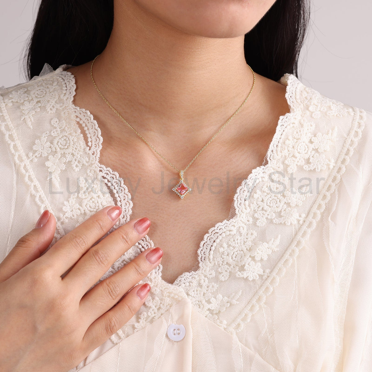 925 Sterling Silver Lab Pink Sapphire Necklace - image 4