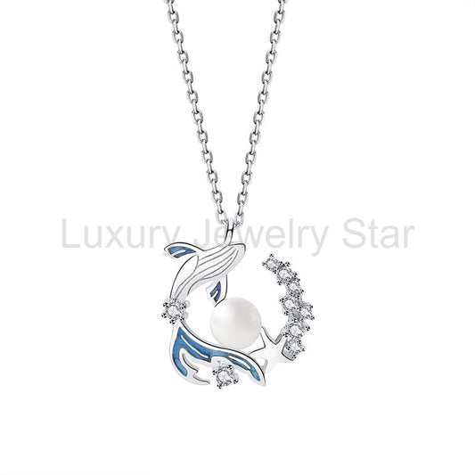 925 Sterling Silver Whale and Pearl Neckace