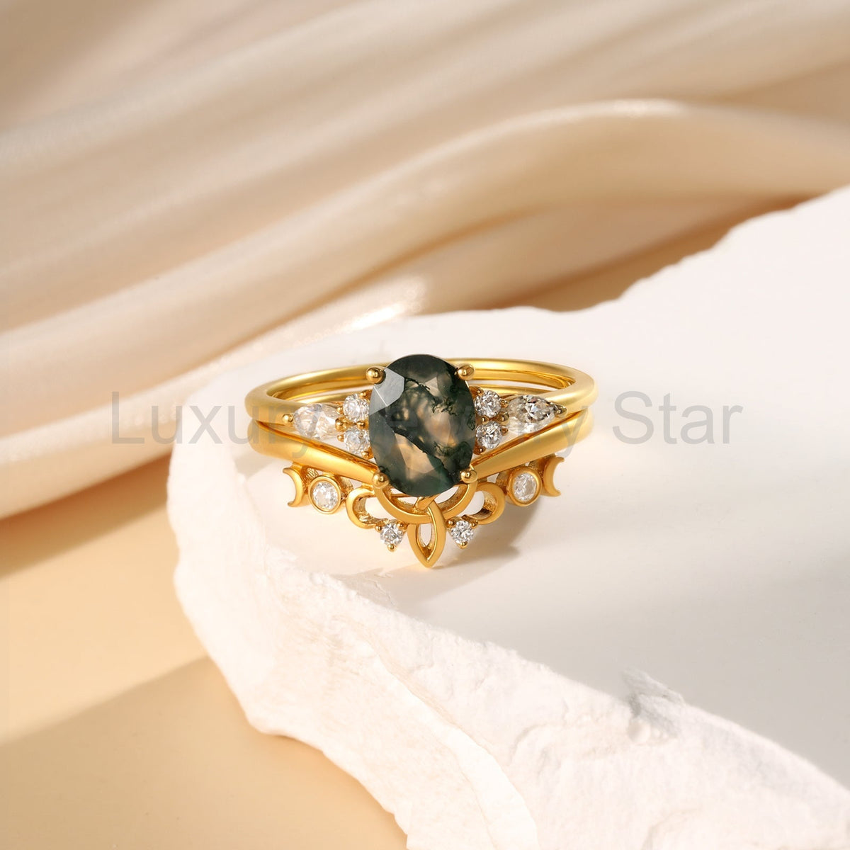 K Gold Natural Moss Agate Ring - image 9