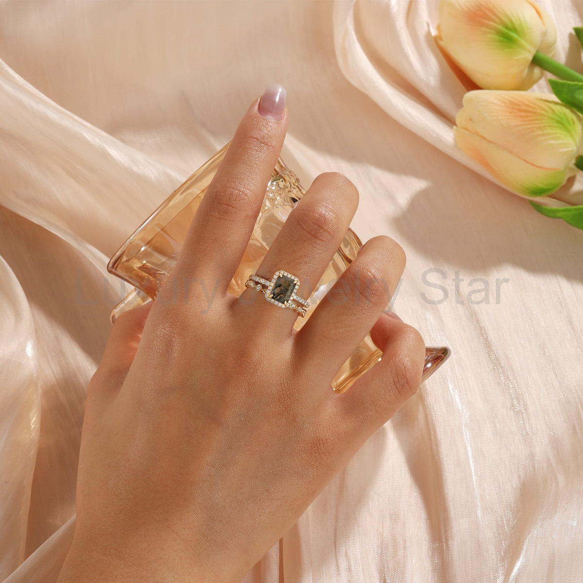 K Gold Natural Moss Agate Ring - image 3