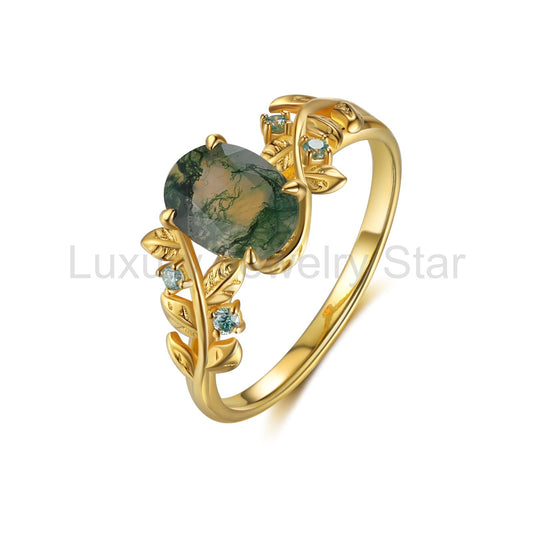 K Gold Natural Moss Agate Ring