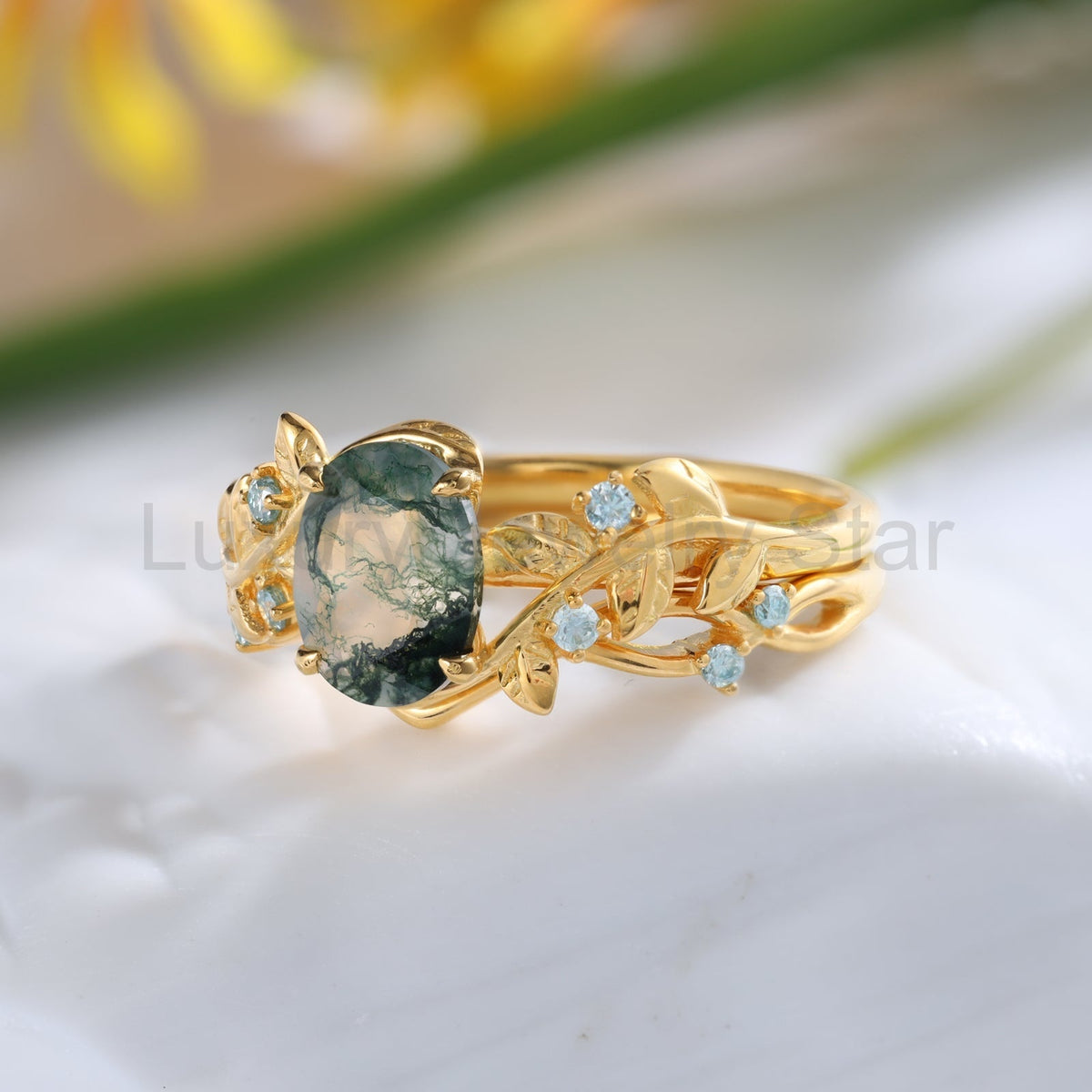 K Gold Natural Moss Agate Ring - image 6