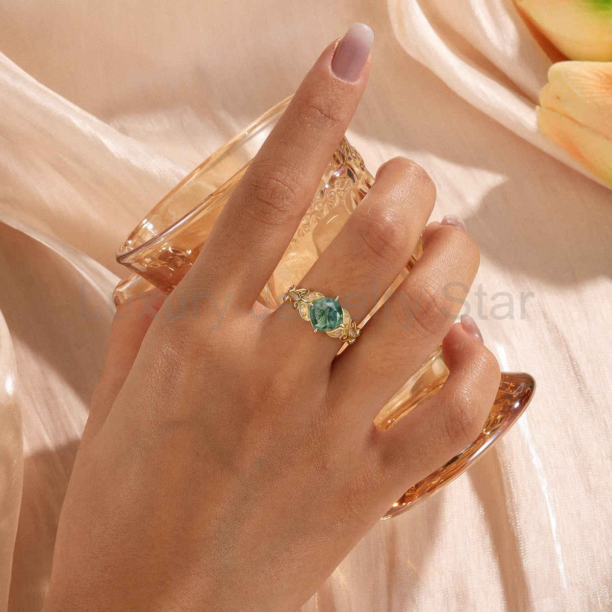 K Gold Natural Moss Agate Ring - image 3