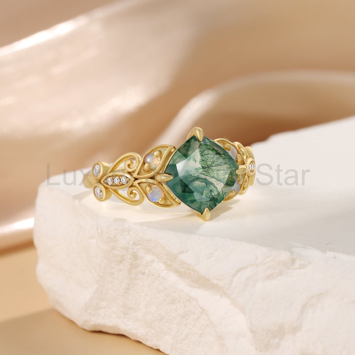 K Gold Natural Moss Agate Ring - image 4