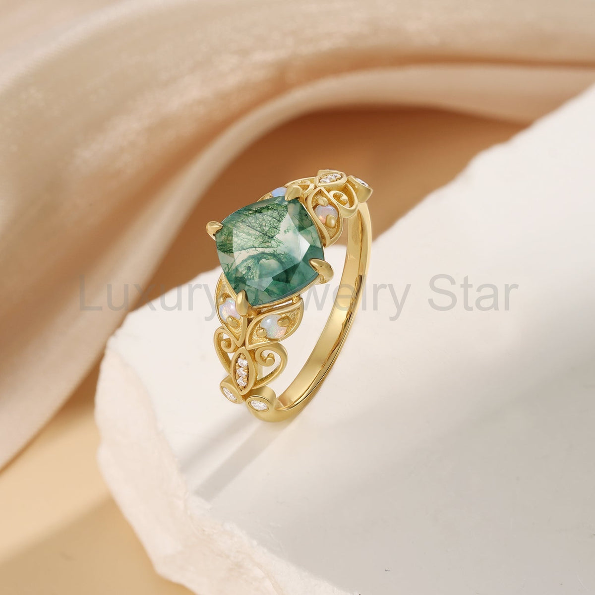 K Gold Natural Moss Agate Ring - image 5