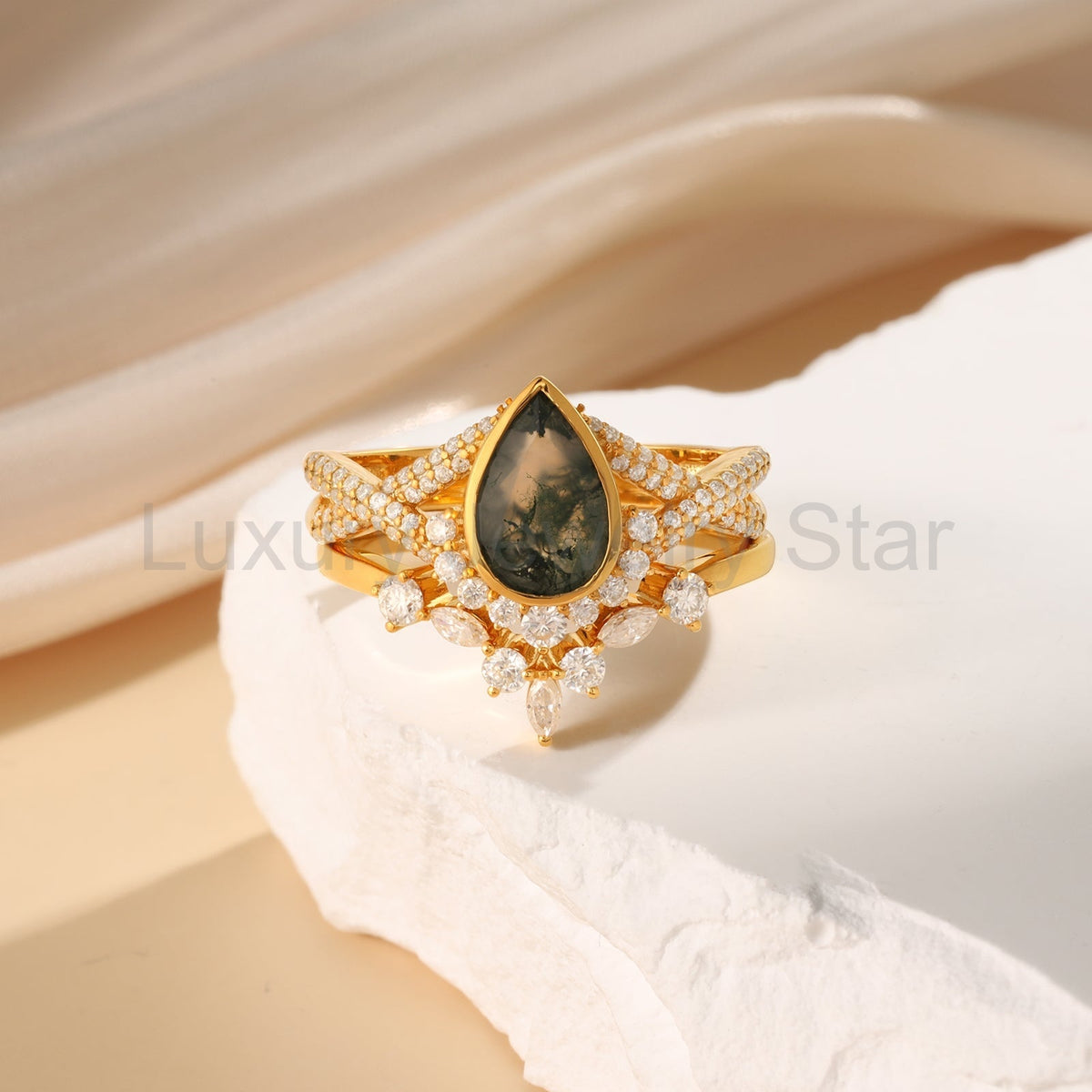 K Gold Natural Moss Agate Ring - image 6