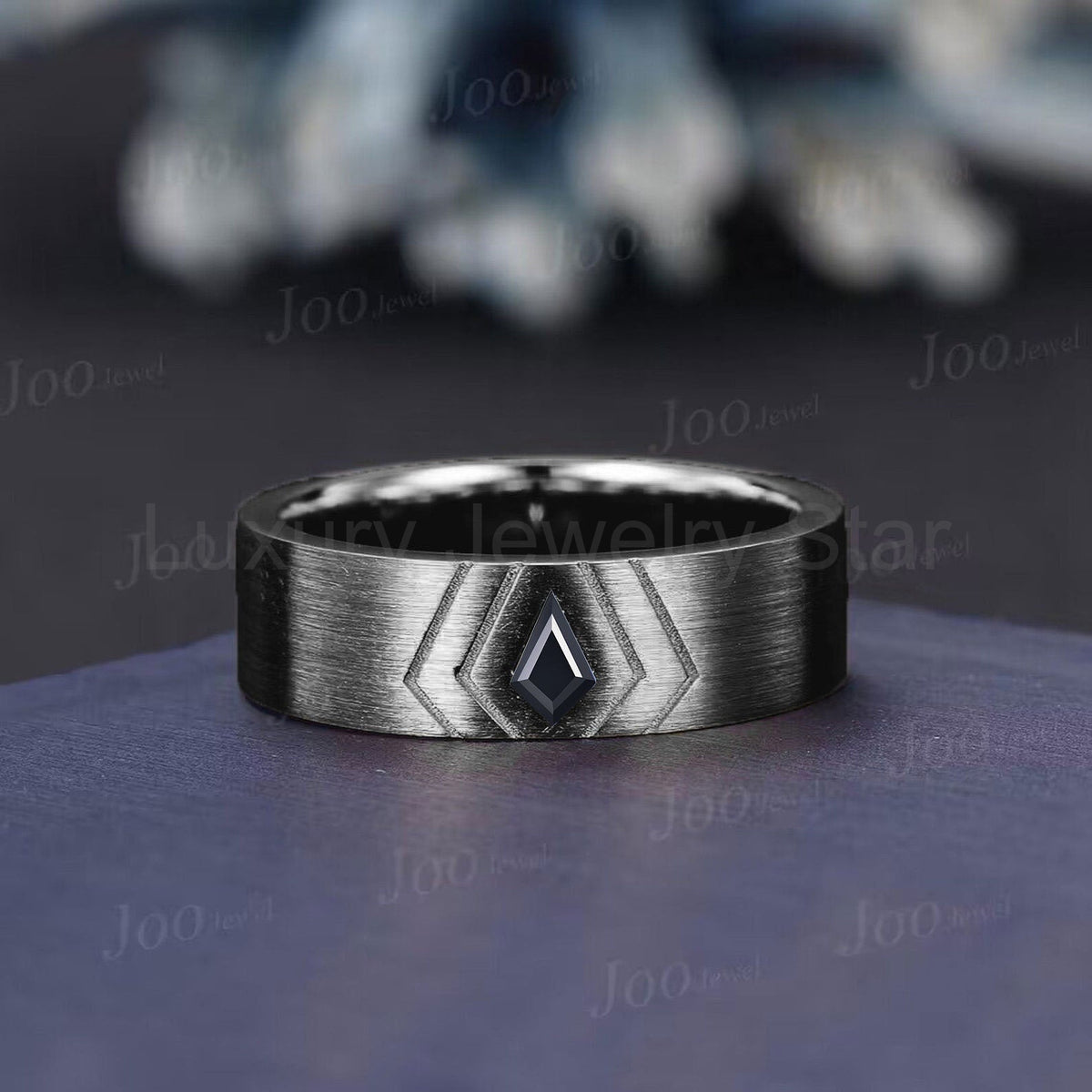 Men's Black Spinel Wedding Band Kite Black Onyx Band 6mm Brushed Finished Band Sterling - image 3
