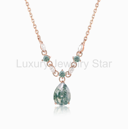 Custom Pear Cut Moss Agate Necklace
