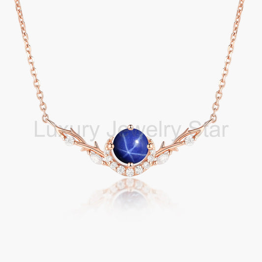 Custom Round Cut Lindy Star Sapphire Forest Moon Necklace - Eirwen