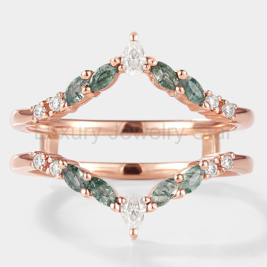 Moissanite & Moss Agate Enhancer Wedding Band 2pcs