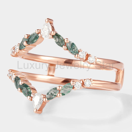 Moissanite & Moss Agate Enhancer Wedding Band 2pcs
