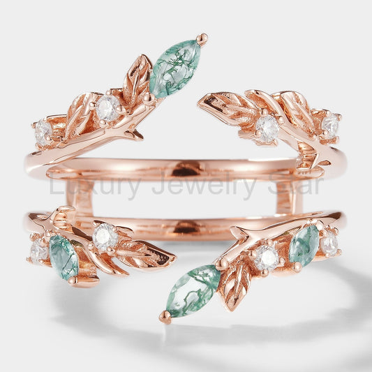 Moss Agate Enhancer Leaf Double Wedding Band