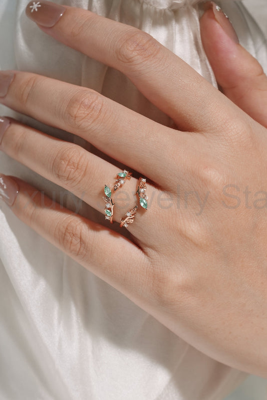 Moss Agate Enhancer Leaf Double Wedding Band
