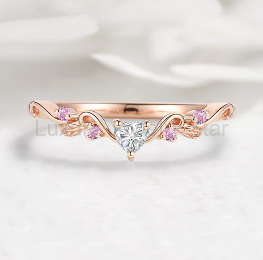 Nature Inspired Heart & Leaf Natural Pink Sapphire Moissanite Curved Wedding Band - Amelia