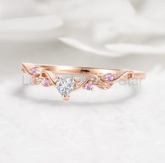 Nature Inspired Heart & Leaf Natural Pink Sapphire Moissanite Curved Wedding Band - Amelia