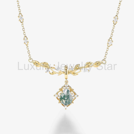 Nature Inspired Pear Cut Leafy Moss Agate Necklace