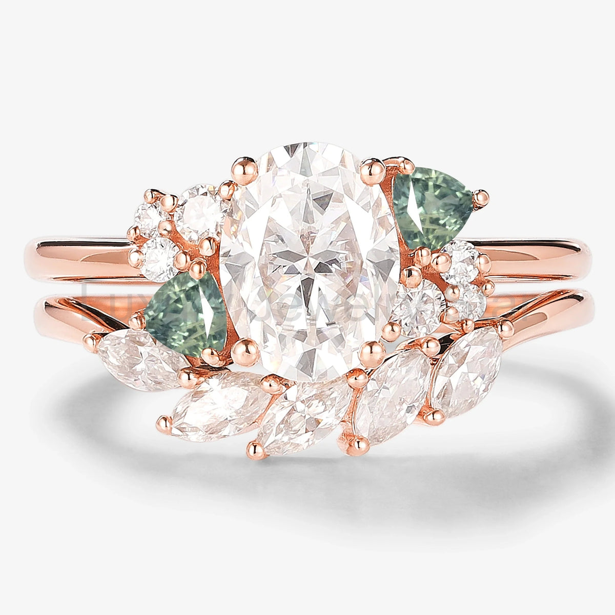 Oval Moissanite With Trangle Spinel Cluster Bridal Set 2pcs