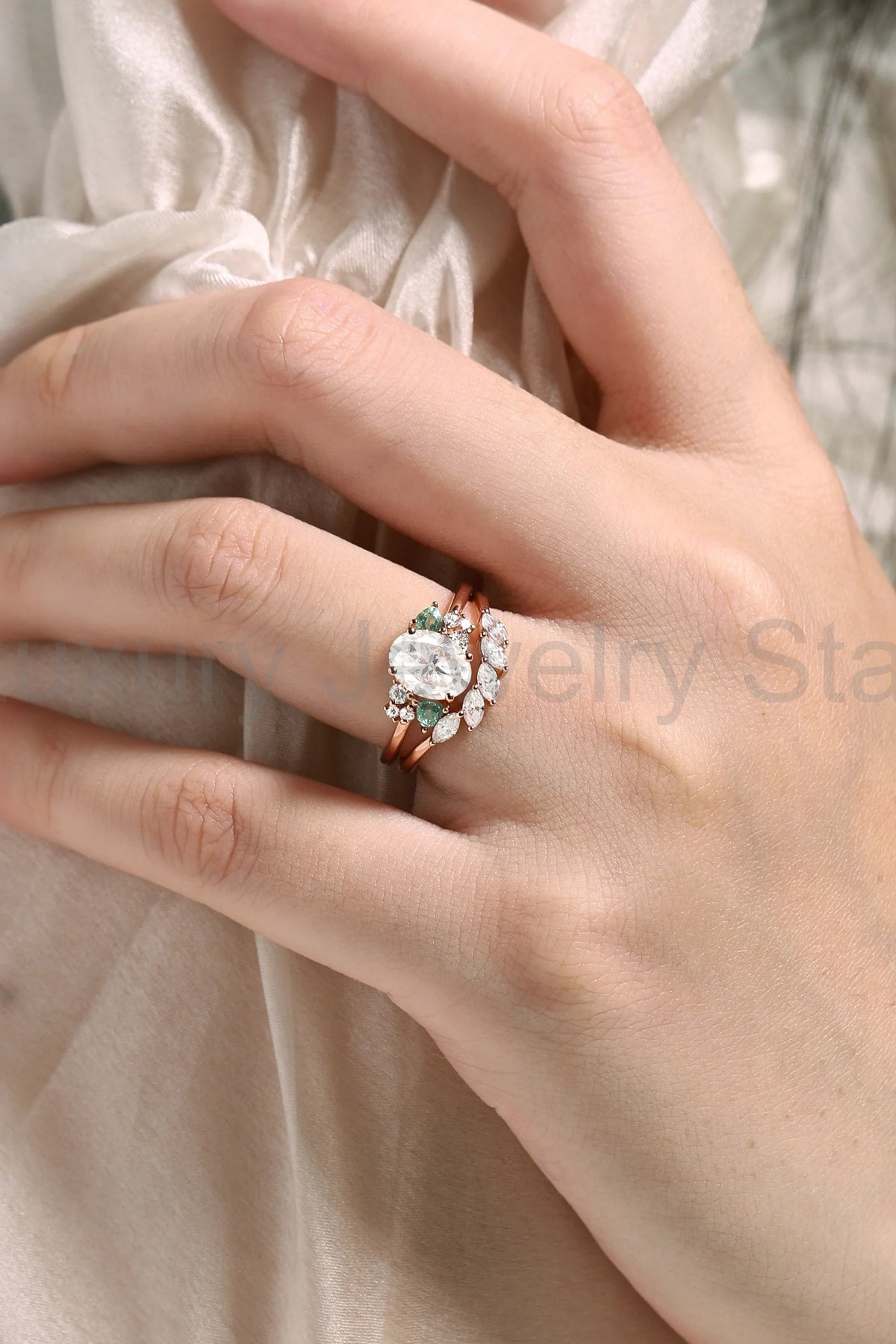 Oval Moissanite With Trangle Spinel Cluster Bridal Set 2pcs - image 2