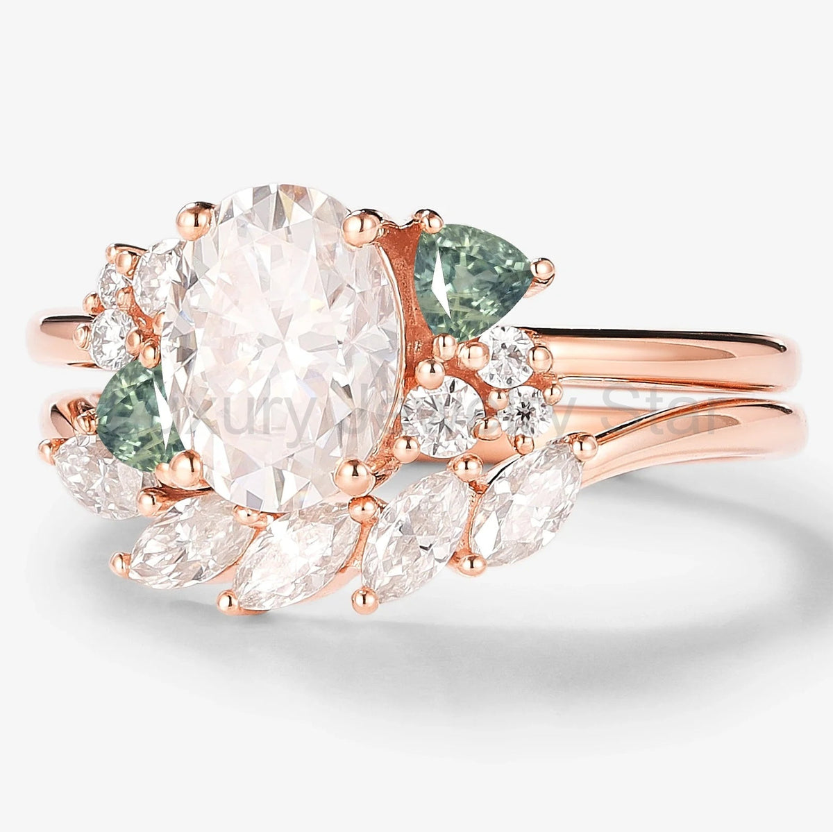 Oval Moissanite With Trangle Spinel Cluster Bridal Set 2pcs - image 3