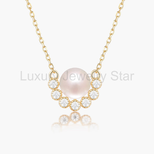 Pearl Necklace with Half-Halo Moissanite Accents - Isolde