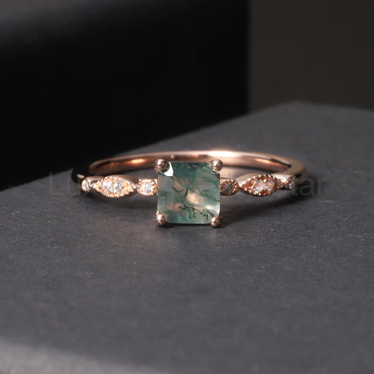 Princess Cut Moss Agate Vintage Engagement Ring