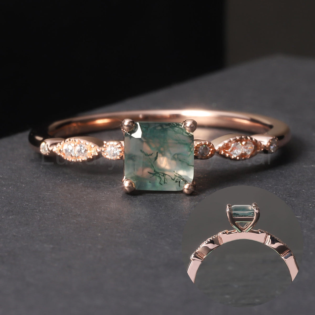 Princess Cut Moss Agate Vintage Engagement Ring - image 3